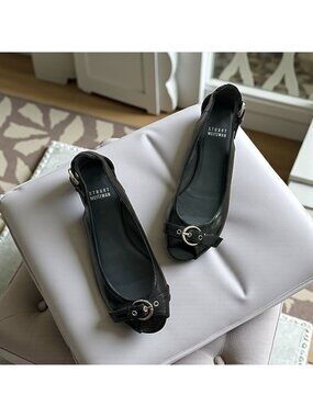 STUART WEITZMAN Black Patent Leather Peeptoe Buckle Flats Size 6.5